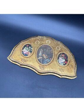 Vintage Italian Wall Plaque Floral Still Life Fan Shaped Italy Decorative Art